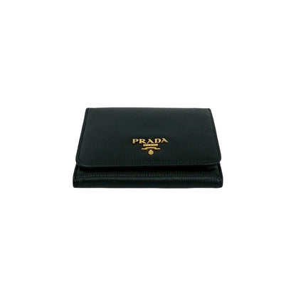 Prada Logo Vitterom Bu Leather Trifold Wallet Mini Coin Case Card Black — view 6