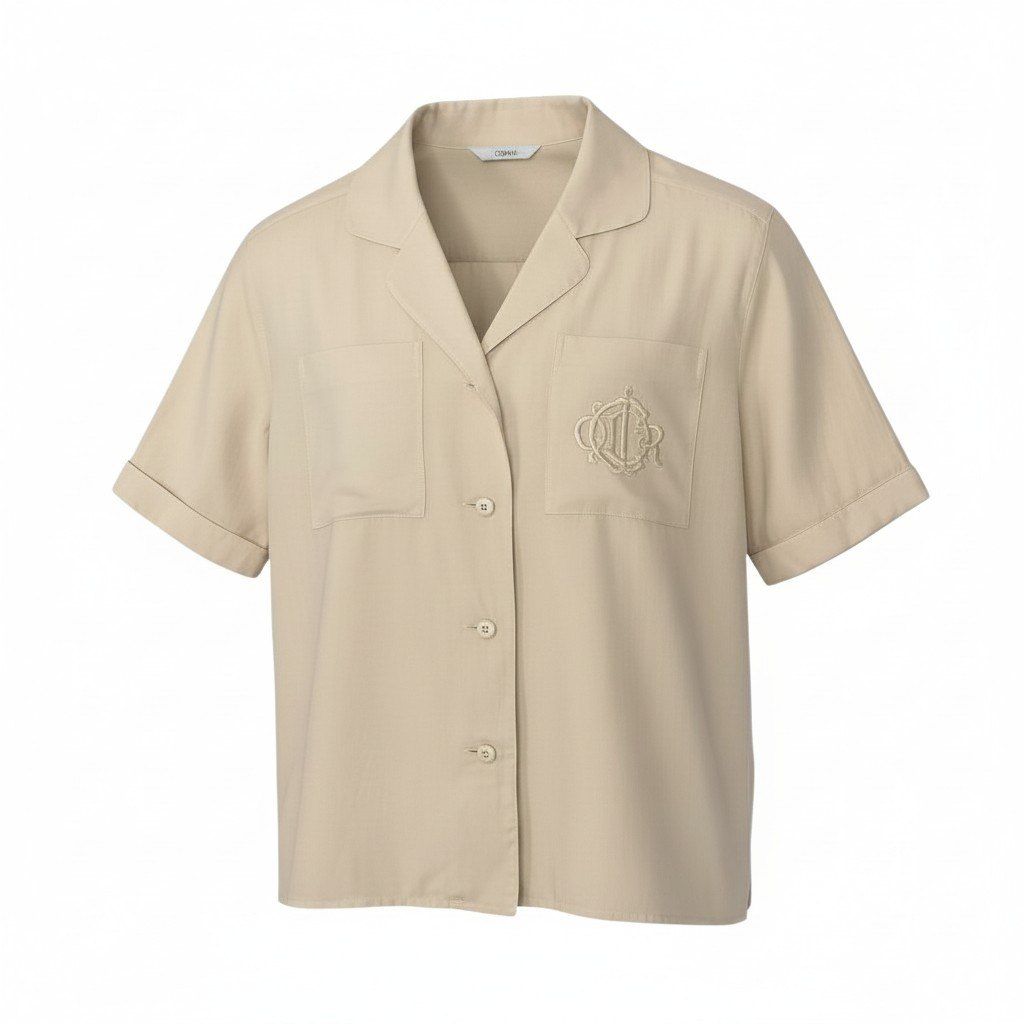 Dior Open Collar Short Sleeve Shirt Silk Logo Embroidery M Light Beige