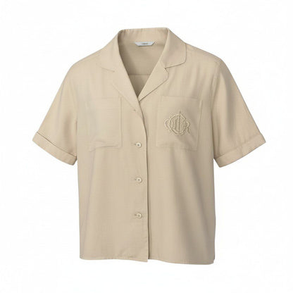 Dior Open Collar Short Sleeve Shirt Silk Logo Embroidery M Light Beige