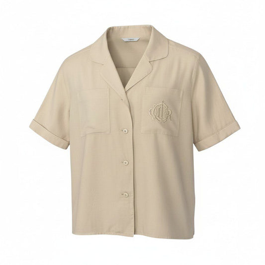 Dior Open Collar Short Sleeve Shirt Silk Logo Embroidery M Light Beige