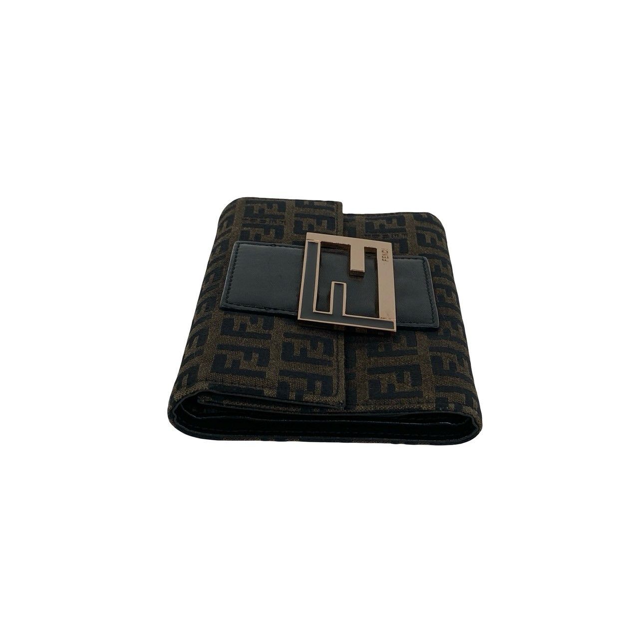 Fendi Zucchino FF Pattern Logo Canvas Leather Trifold Wallet Mini Brown Black — view 4