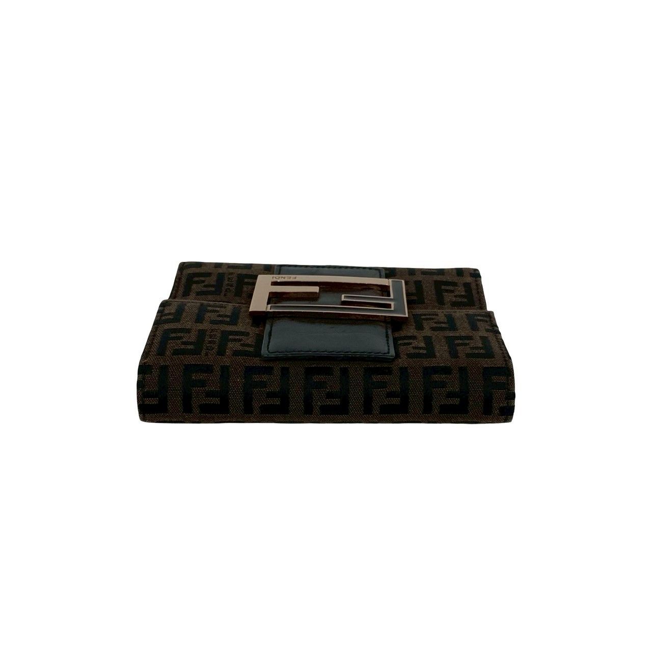 Fendi Zucchino FF Pattern Logo Canvas Leather Trifold Wallet Mini Brown Black — view 3