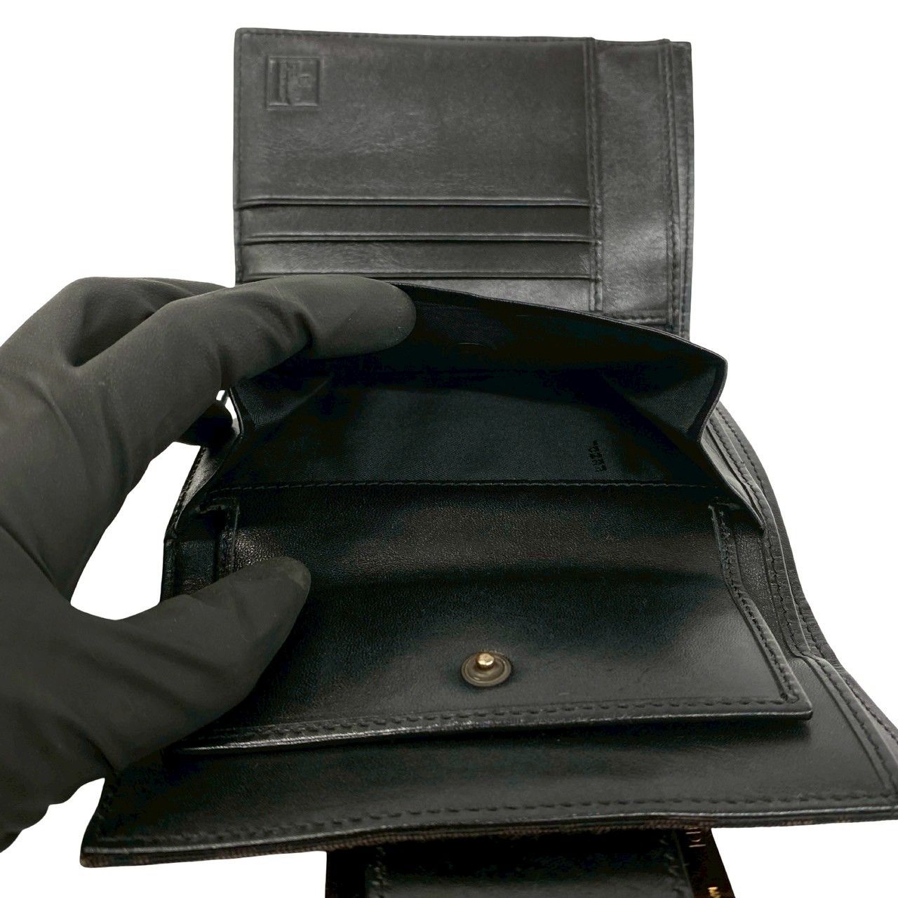 Fendi Zucchino FF Pattern Logo Canvas Leather Trifold Wallet Mini Brown Black — view 9