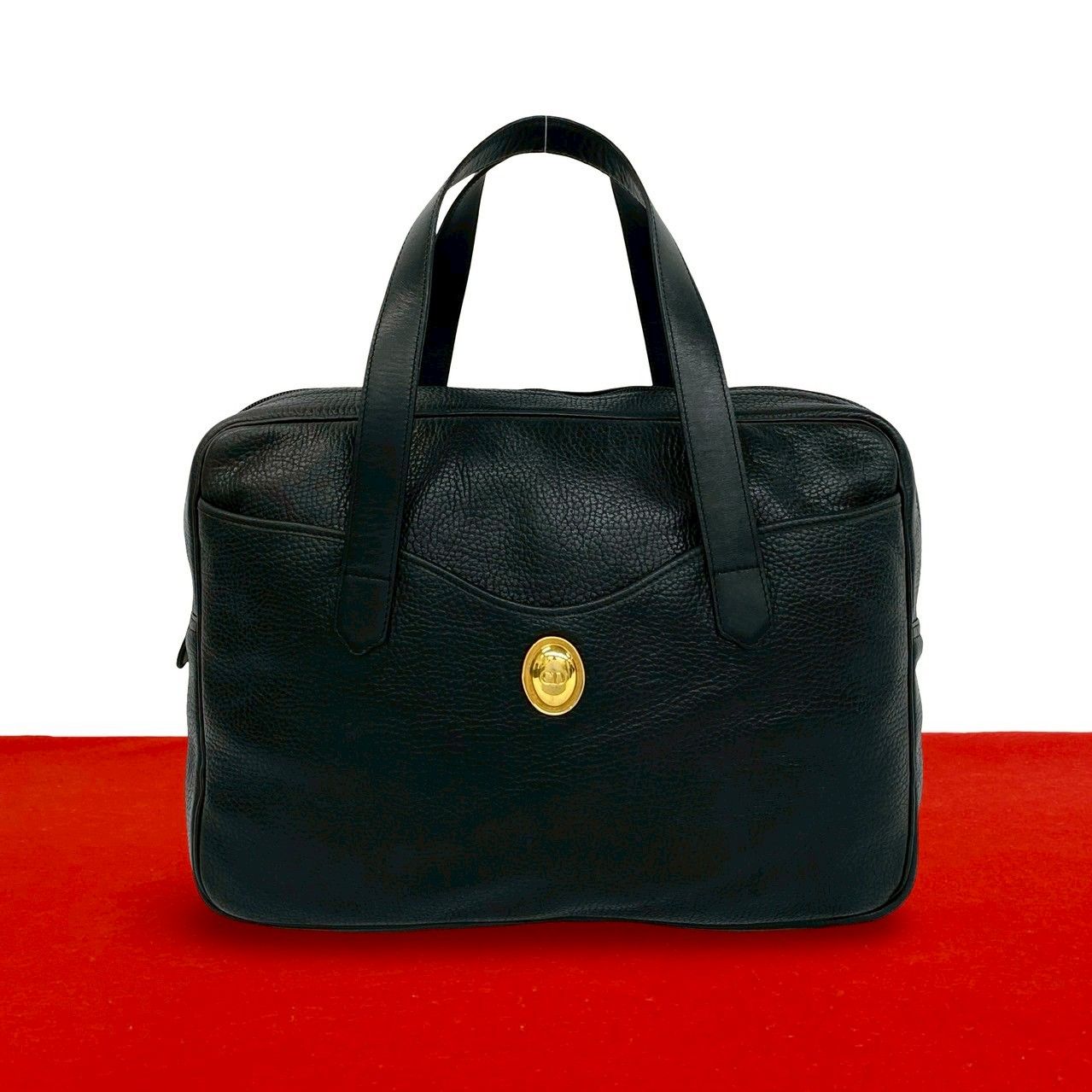 Dior Vintage CD Logo Leather Handbag Business Bag Black