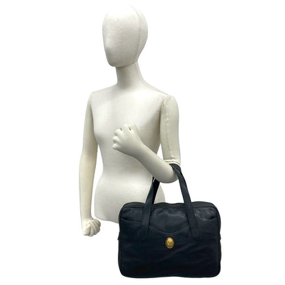 Dior Vintage CD Logo Leather Handbag Business Bag Black — view 2