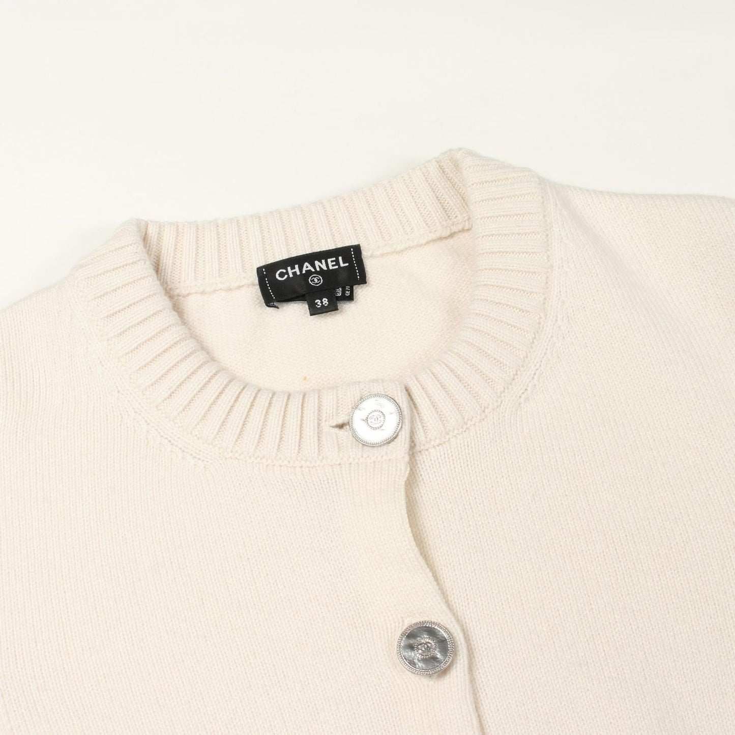 Chanel Cardigan CC Logo Button Ivory Cashmere — view 7