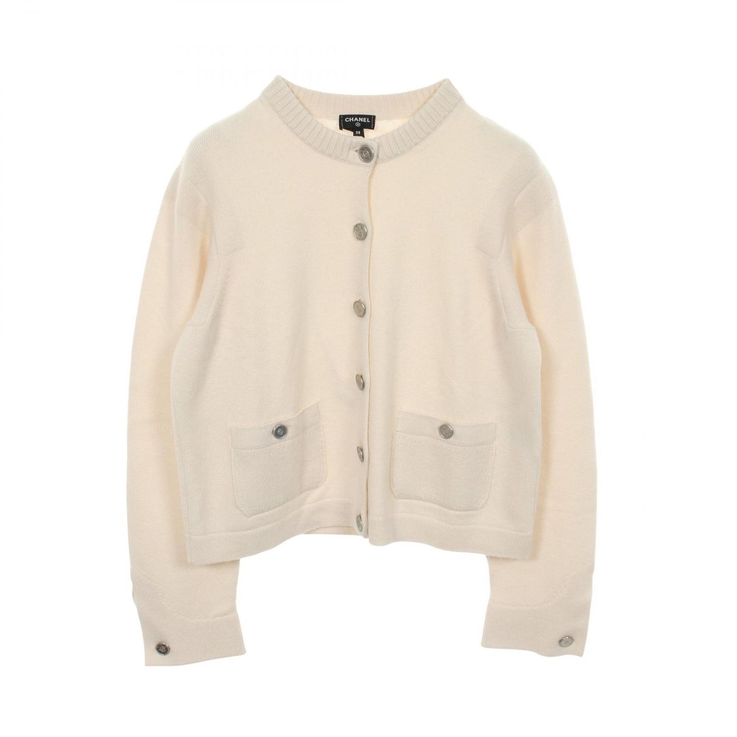 Chanel Cardigan CC Logo Button Ivory Cashmere
