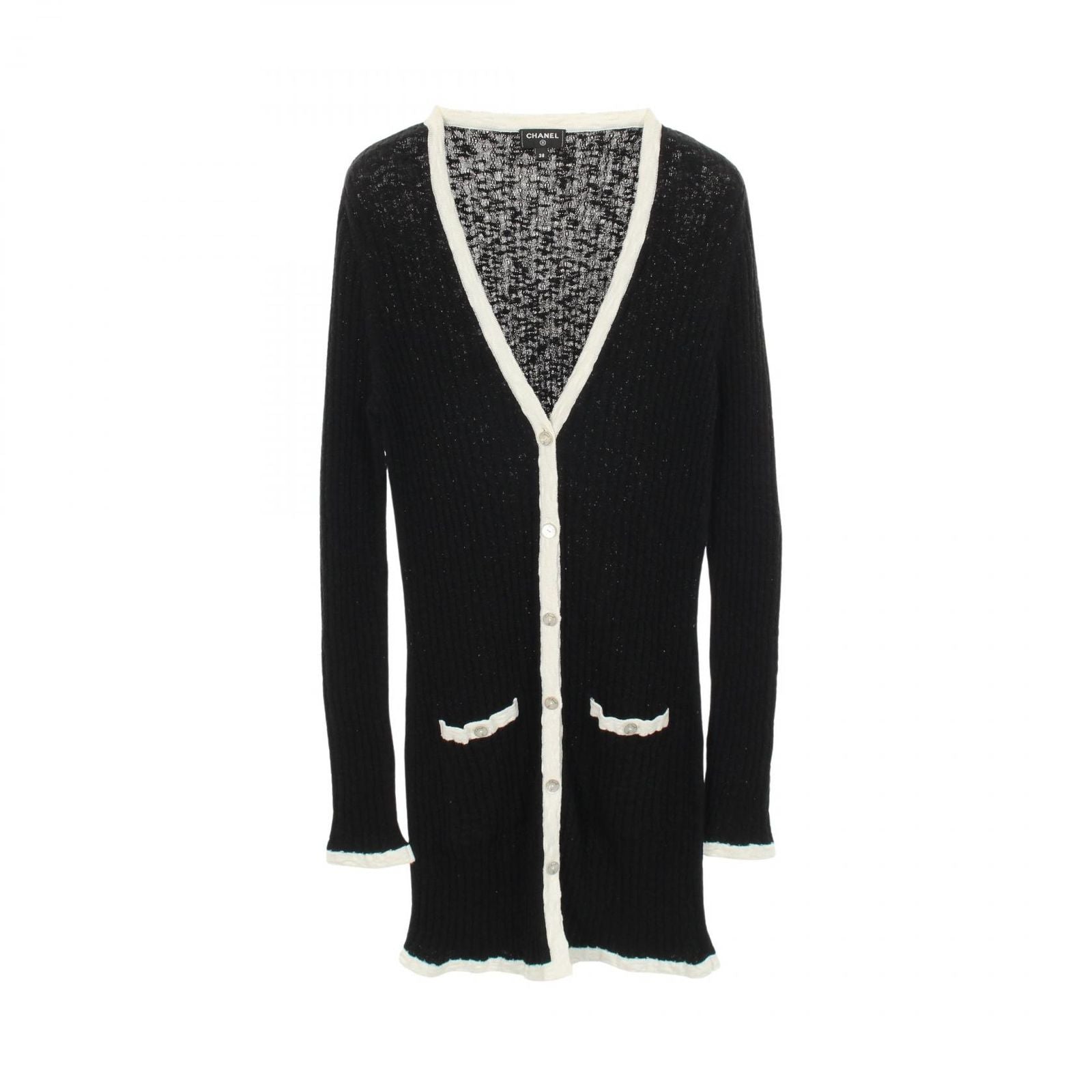 Chanel Cardigan CC Logo Button Neck Long Cotton