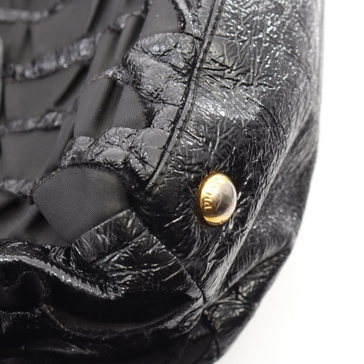Prada Handbag Frill Black Nylon Patent Hand — view 7
