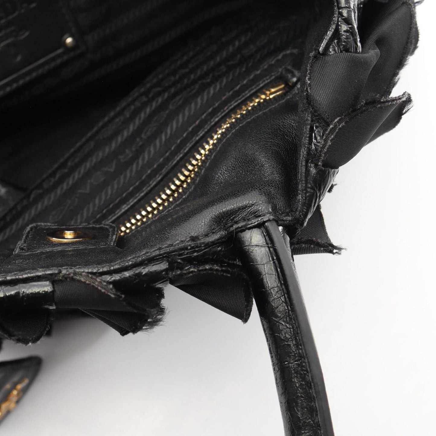 Prada Handbag Frill Black Nylon Patent Hand — view 5