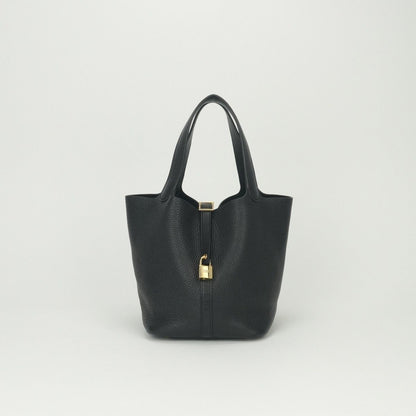 Hermes Picotin Lock MM Tote Taurillon Clemence Noir Black Gold MM 22