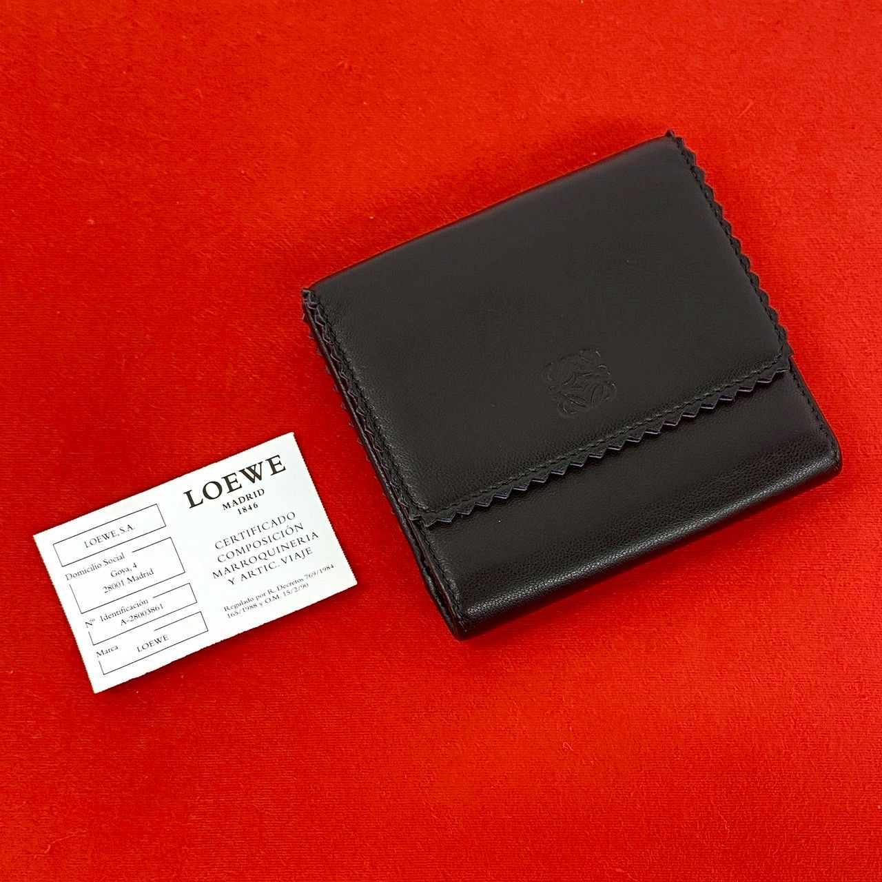 Loewe Anagram Logo Nappa Leather Trifold Wallet Mini Card Case Black Purple