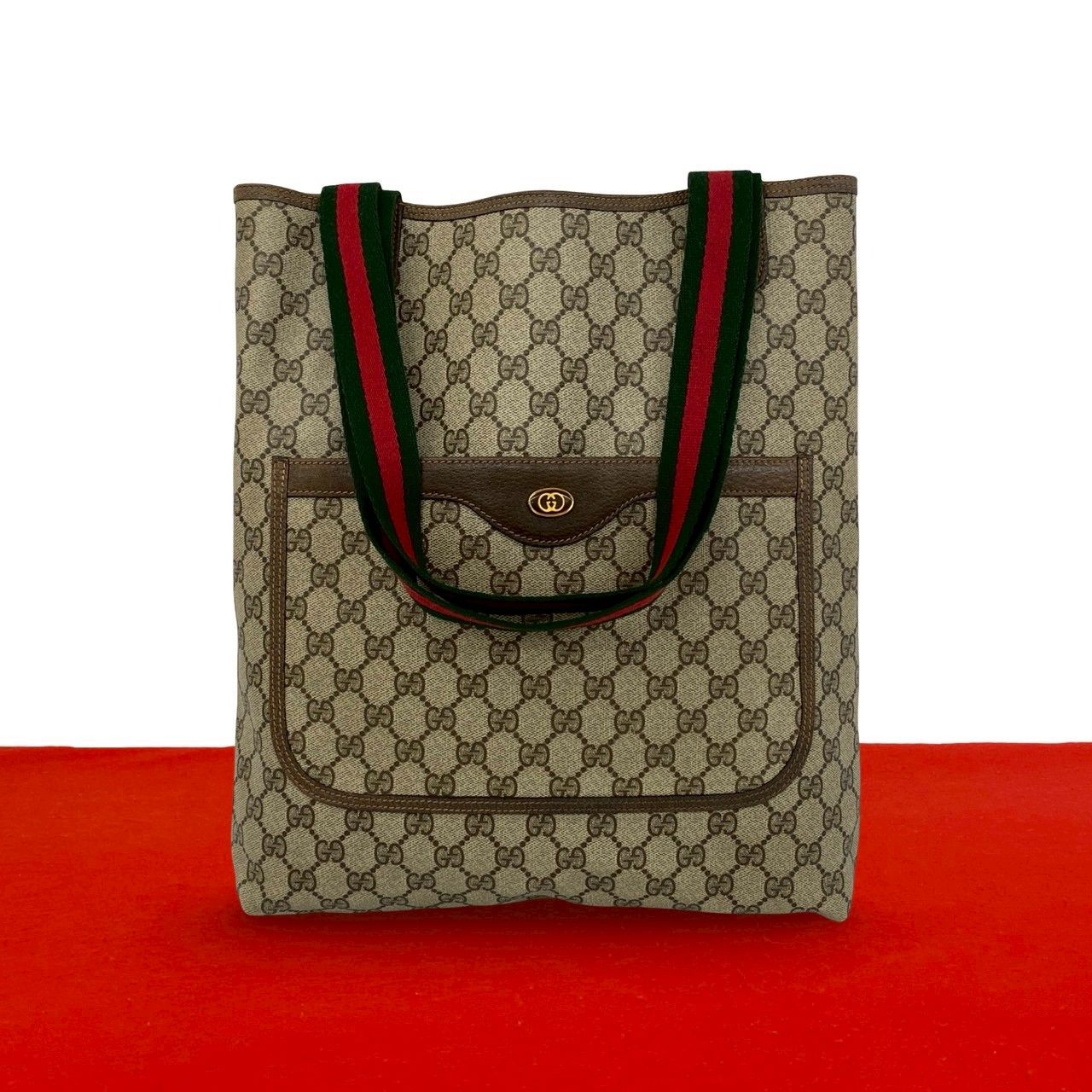 Gucci Vintage Sherry Line GG Logo Leather Tote Brown