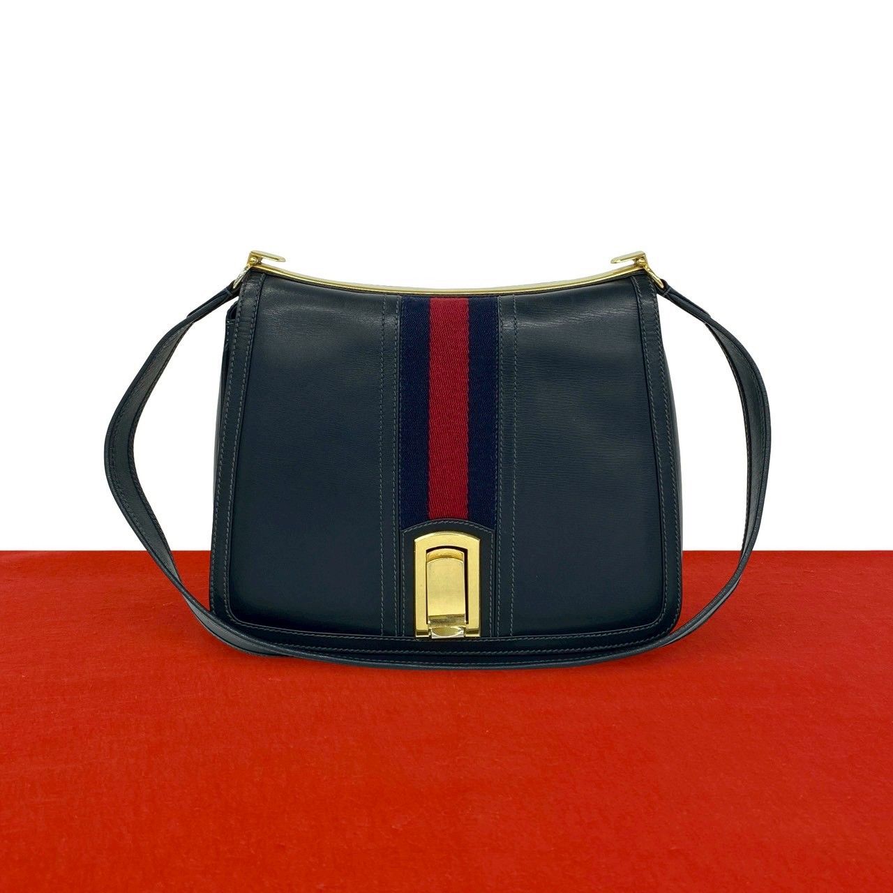 Gucci Vintage Sherry Line Leather Shoulder Bag Pochette Navy
