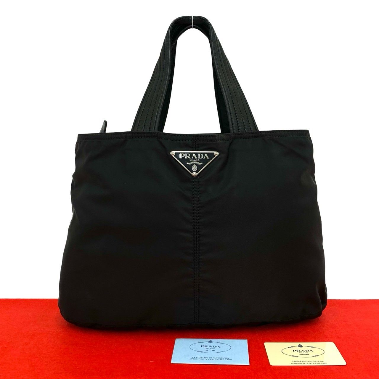 Prada Triangle Logo Tessuto Nylon Leather Handbag Mini Tote Black with Card