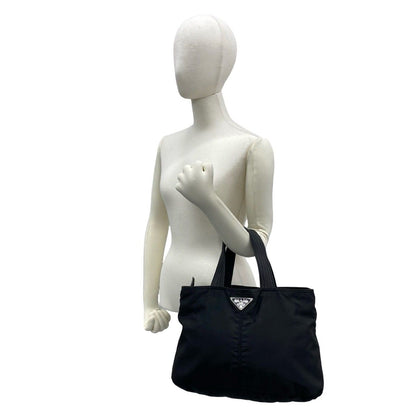 Prada Triangle Logo Tessuto Nylon Leather Handbag Mini Tote Black with Card — view 2