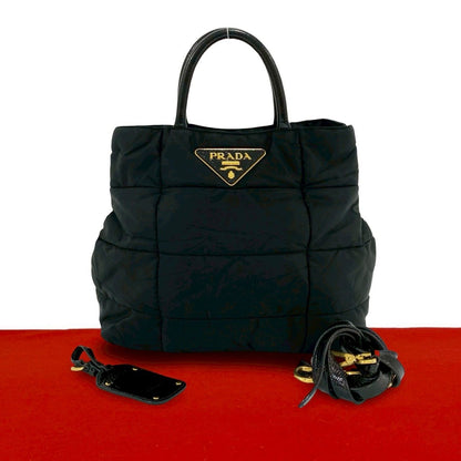 Prada Triangle Logo Quilted Nylon Leather 2-Way Tote Shoulder Bag Black