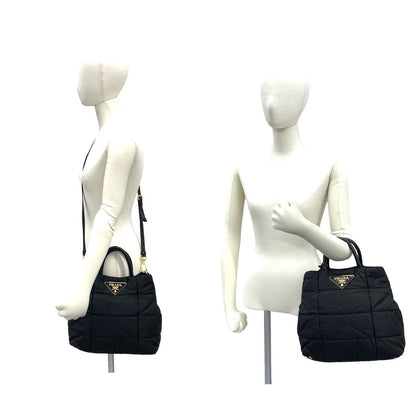 Prada Triangle Logo Quilted Nylon Leather 2-Way Tote Shoulder Bag Black — view 2