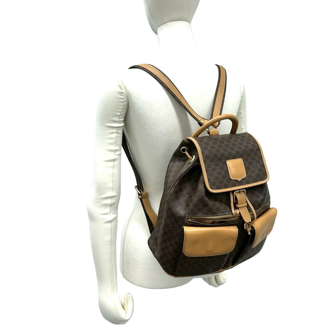 Celine Vintage Macadam Blason Triomphe Pattern Leather Backpack Brown — view 2