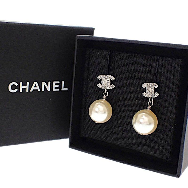 Chanel CC Logo Pearl Earrings Metal Faux Silver