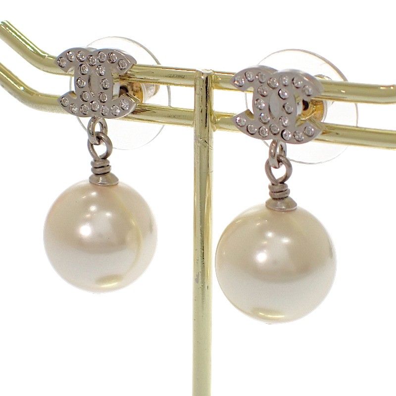 Chanel CC Logo Pearl Earrings Metal Faux Silver — view 3
