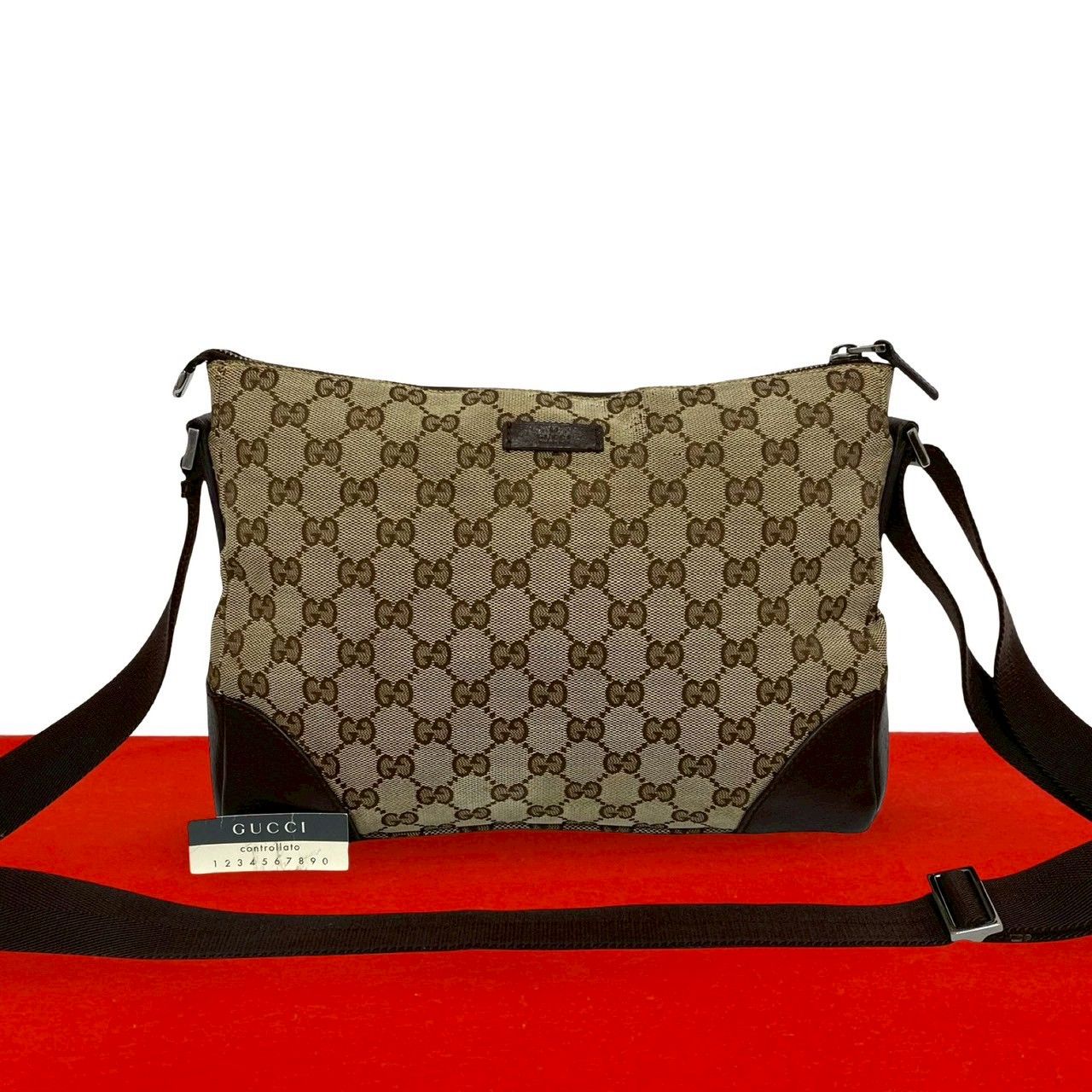 Gucci GG Canvas Leather Shoulder Bag Pochette Crossbody Cross Brown