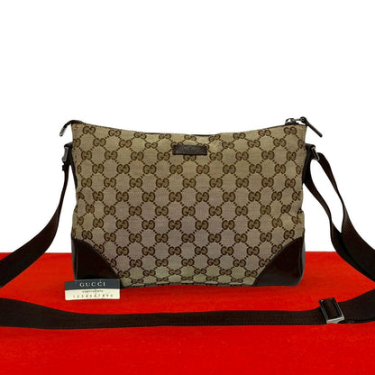 Gucci GG Canvas Leather Shoulder Bag Pochette Crossbody Cross Brown