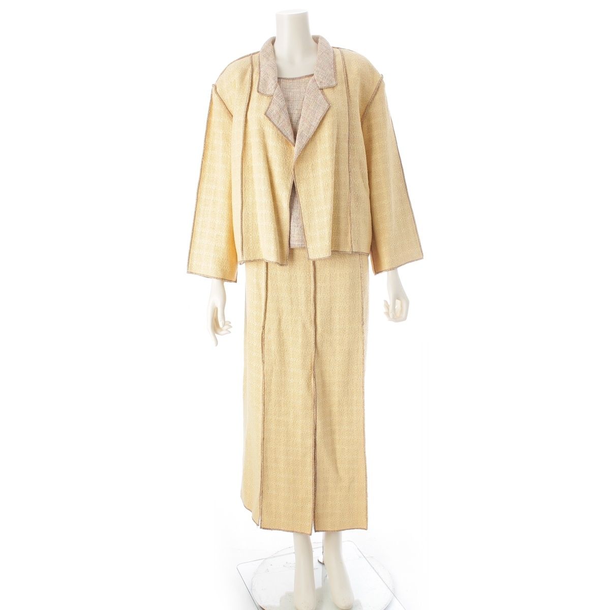 Chanel Cotton Linen Jacket Sleeveless Top Skirt Ensemble Set Yellow 46
