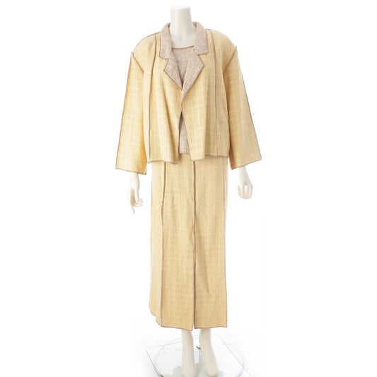 Chanel Cotton Linen Jacket Sleeveless Top Skirt Ensemble Set Yellow 46