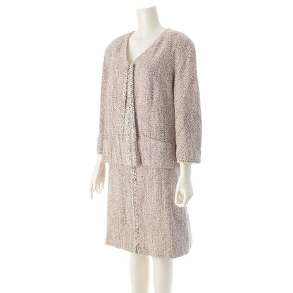 Chanel Cotton Wool Zipper Ribbon Jacket Skirt Set Pink Multicolor 50 — view 2