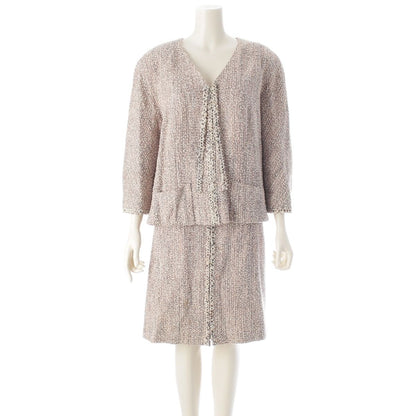 Chanel Cotton Wool Zipper Ribbon Jacket Skirt Set Pink Multicolor 50