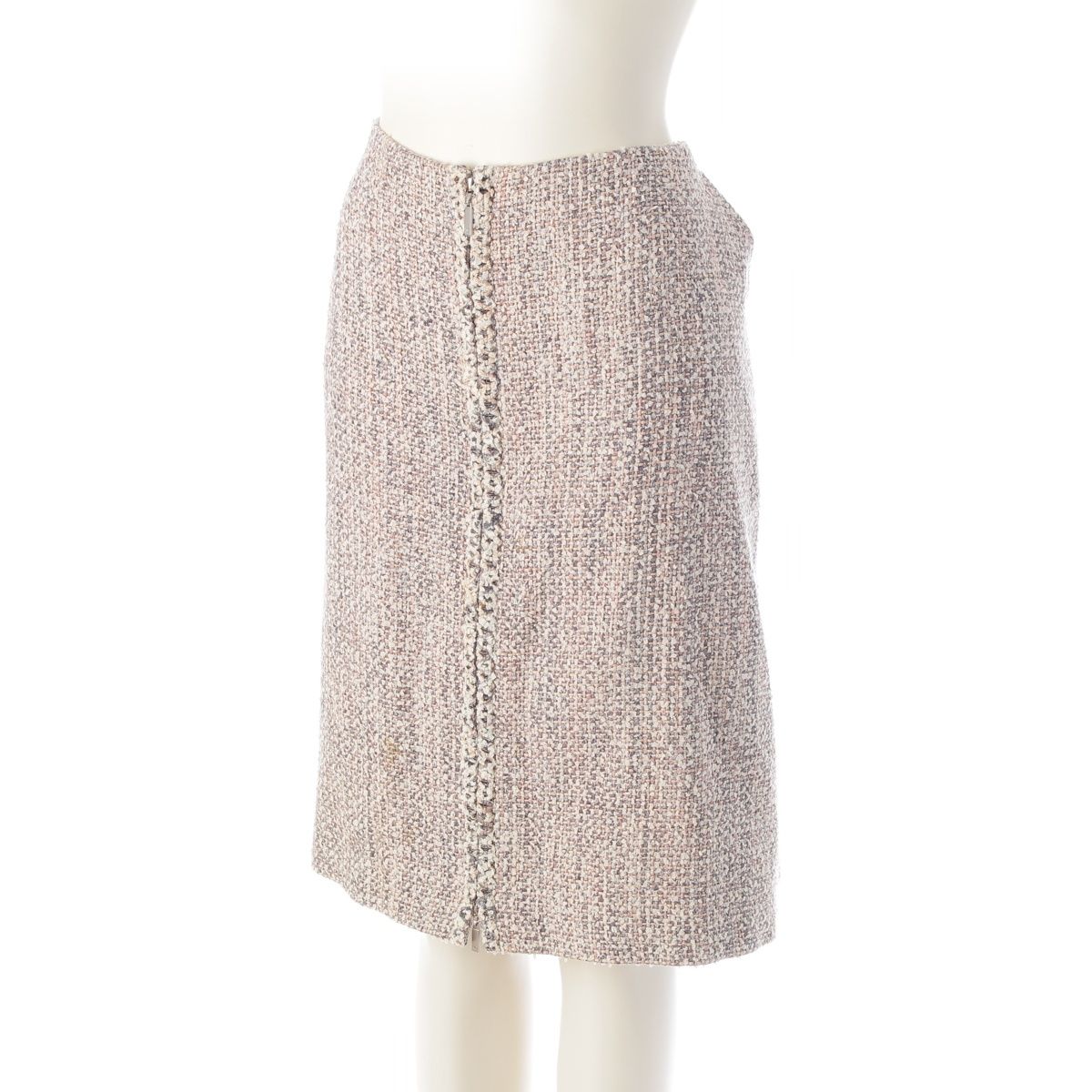 Chanel Cotton Wool Zipper Ribbon Jacket Skirt Set Pink Multicolor 50 — view 5