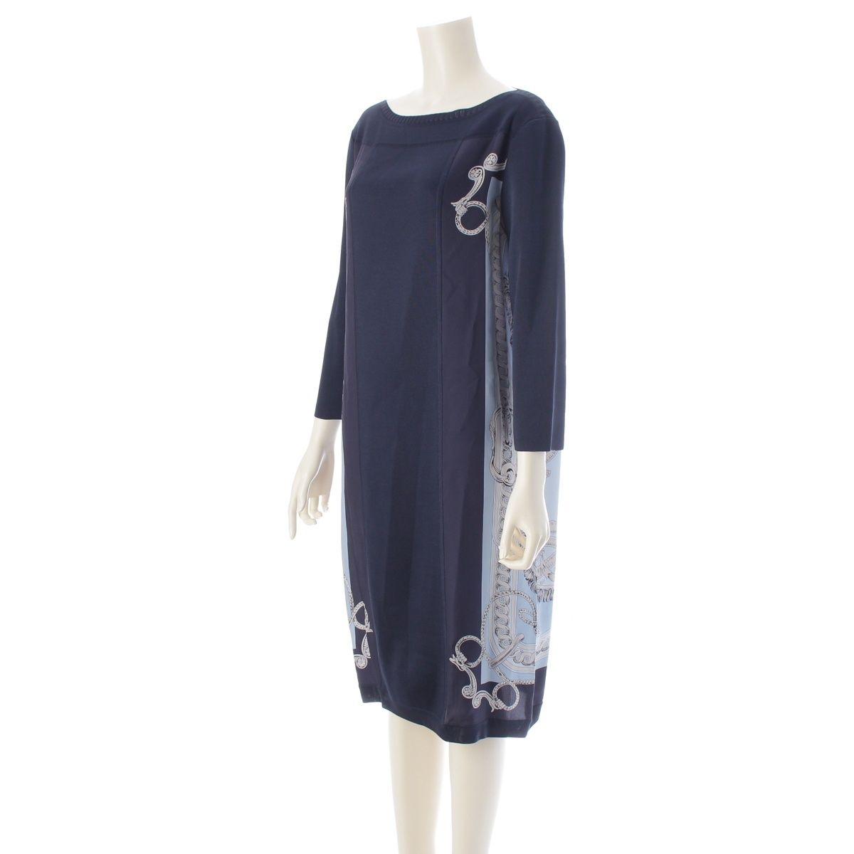 Hermes Bride de Cour Silk Twill Lane Long Sleeve Dress Navy 40 — view 2