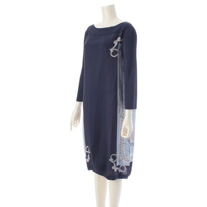 Hermes Bride de Cour Silk Twill Lane Long Sleeve Dress Navy 40 — view 2