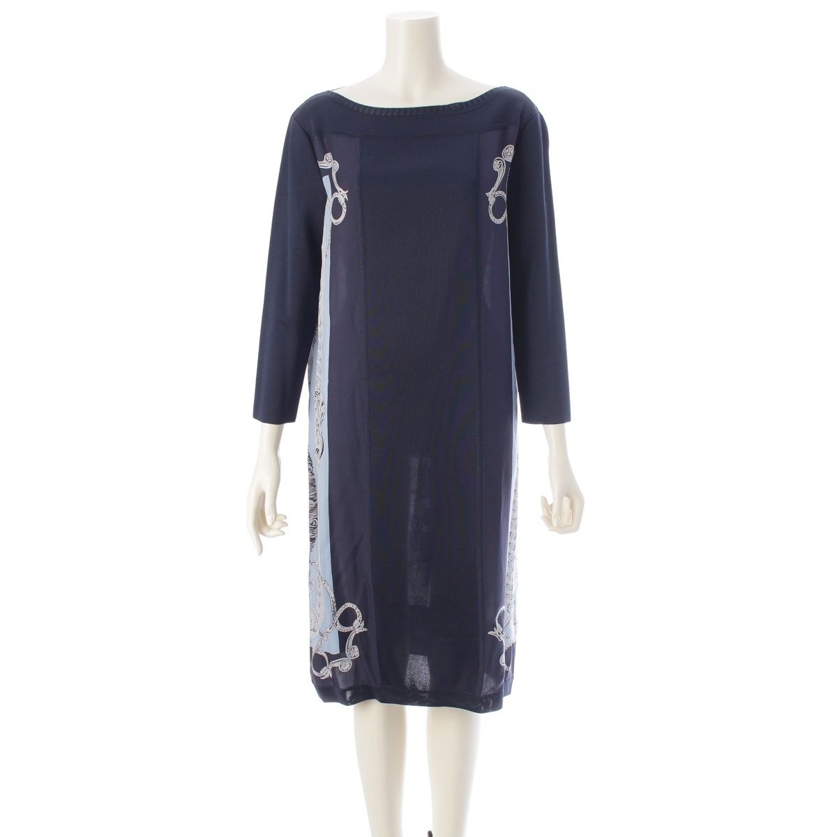 Hermes Bride de Cour Silk Twill Lane Long Sleeve Dress Navy 40
