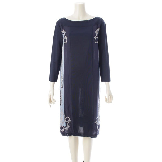 Hermes Bride de Cour Silk Twill Lane Long Sleeve Dress Navy 40
