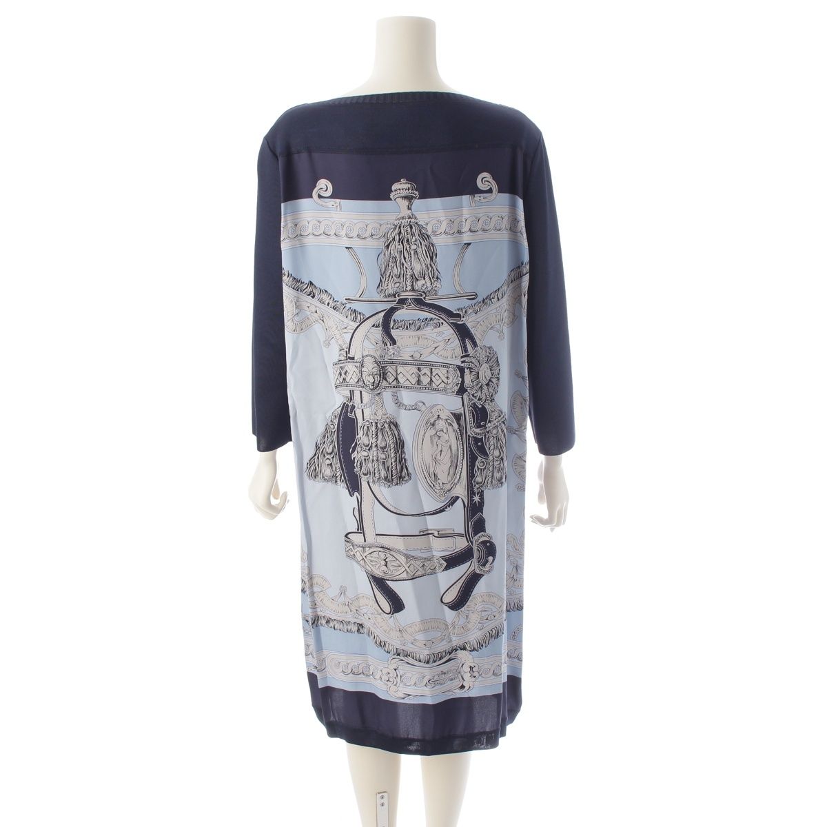 Hermes Bride de Cour Silk Twill Lane Long Sleeve Dress Navy 40 — view 4