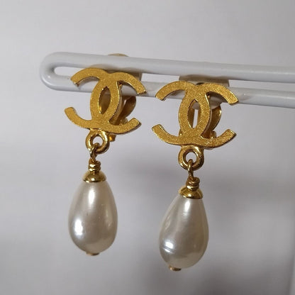 Chanel Earrings CC Logo Gold Faux Pearl