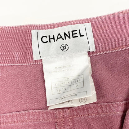 Chanel E1 CC Logo Quilted Cropped Length Denim 38 Pink Jeans — view 9
