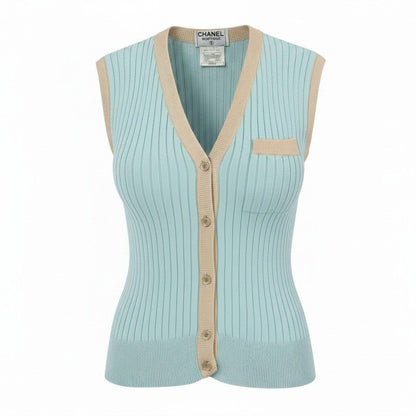 Chanel Ce1 Rib Knit Vest CC Logo Button Bicolor 40 Light Blue Light Beige Cotton