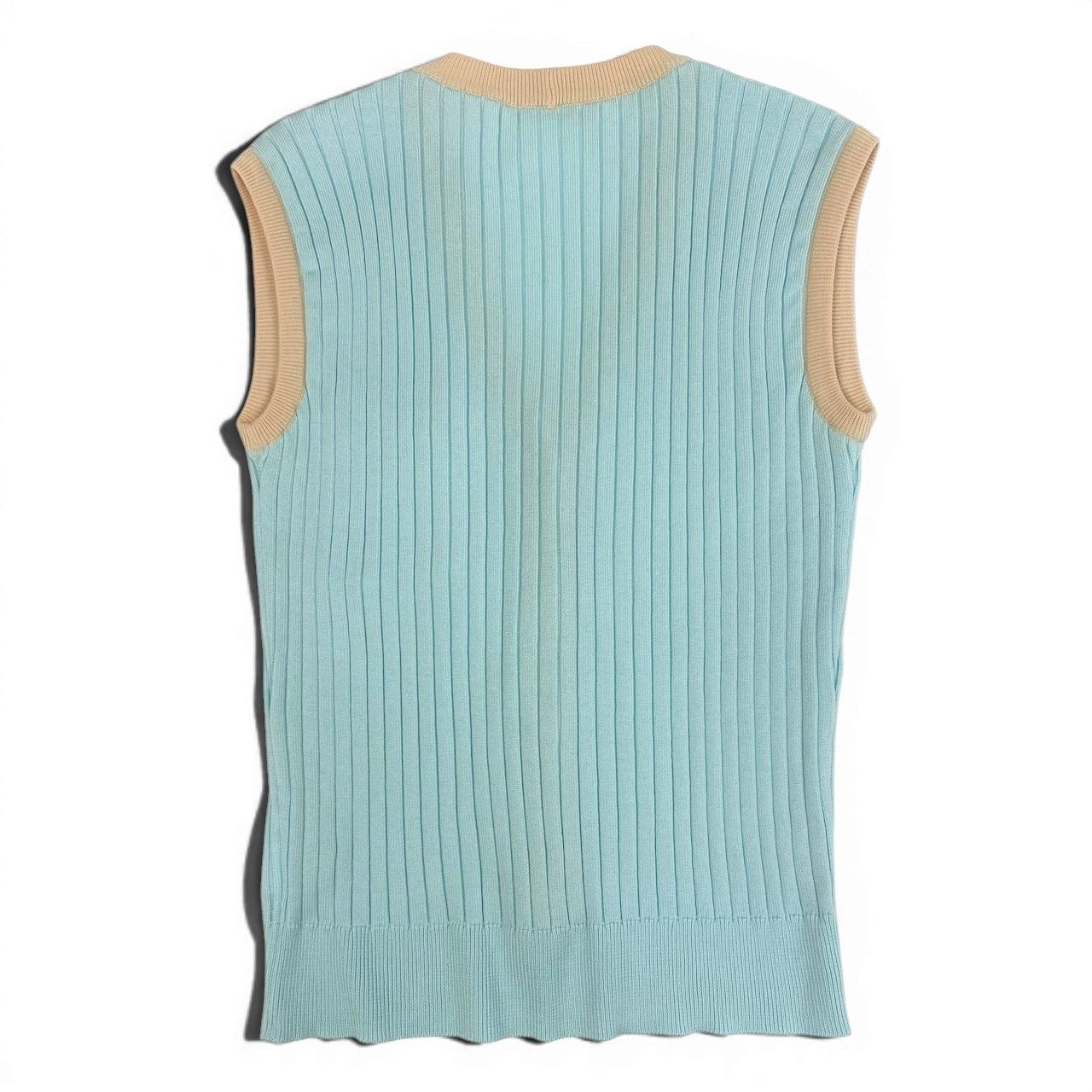Chanel Ce1 Rib Knit Vest CC Logo Button Bicolor 40 Light Blue Light Beige Cotton — view 3