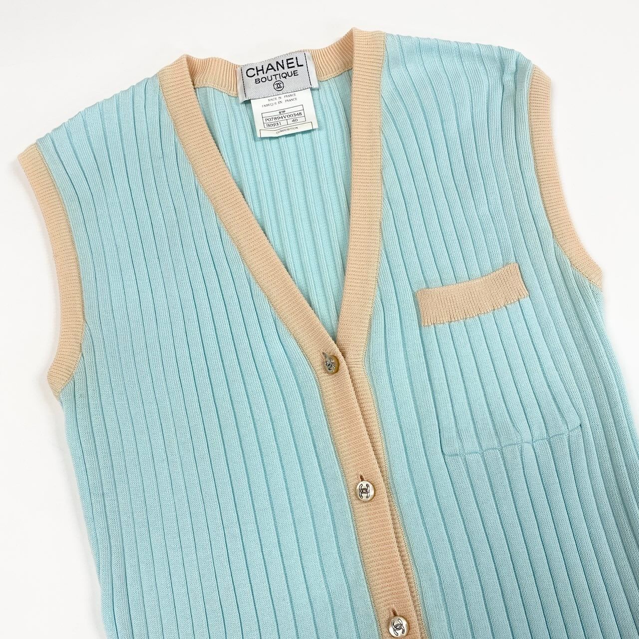 Chanel Ce1 Rib Knit Vest CC Logo Button Bicolor 40 Light Blue Light Beige Cotton — view 4