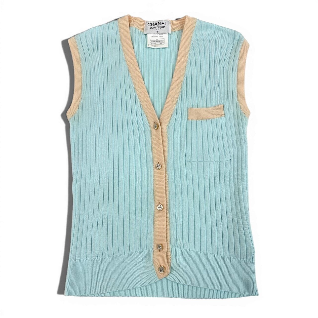 Chanel Ce1 Rib Knit Vest CC Logo Button Bicolor 40 Light Blue Light Beige Cotton — view 2