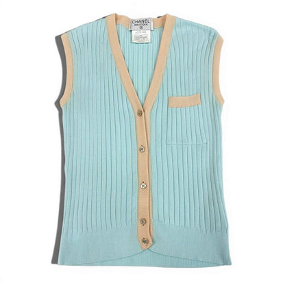 Chanel Ce1 Rib Knit Vest CC Logo Button Bicolor 40 Light Blue Light Beige Cotton — view 2