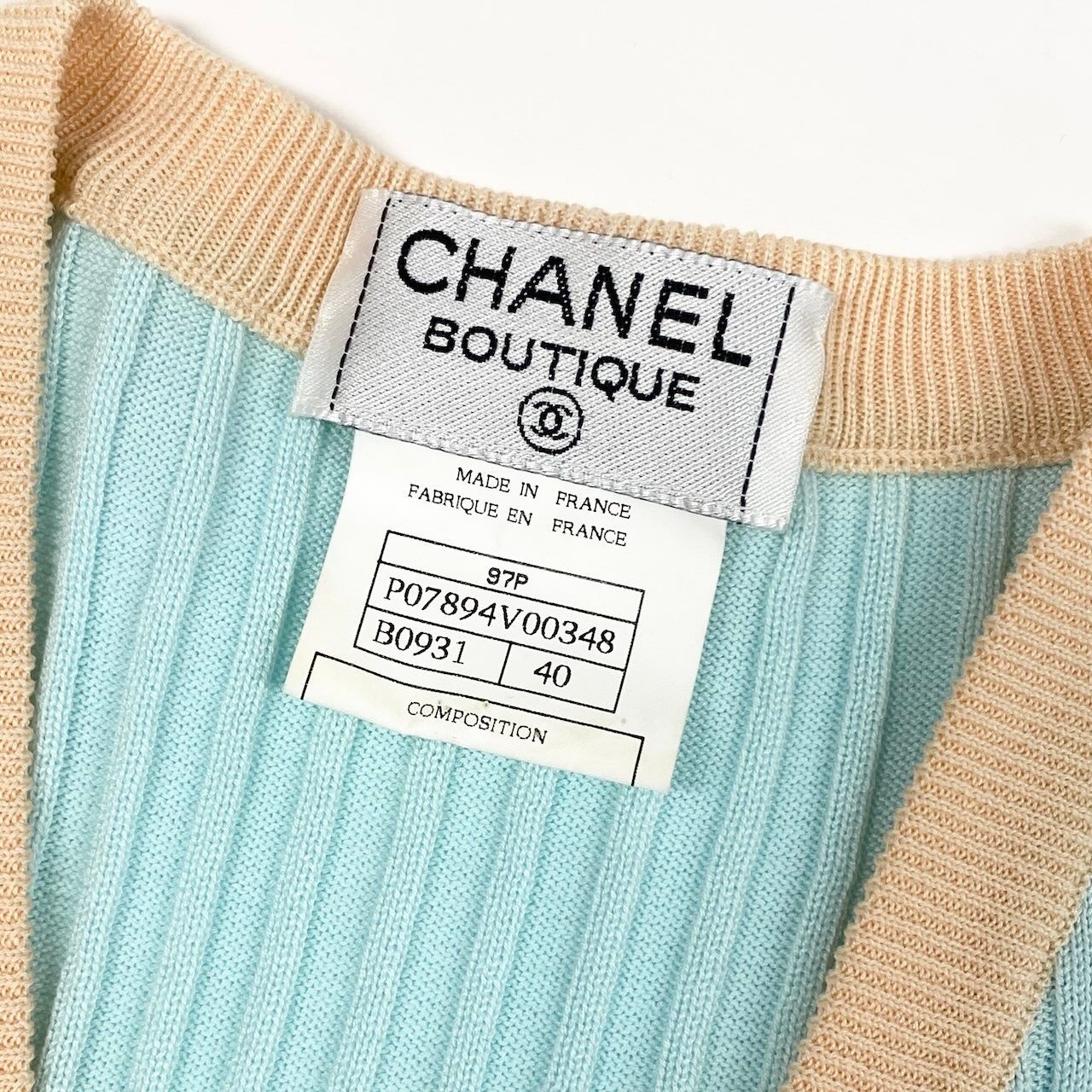Chanel Ce1 Rib Knit Vest CC Logo Button Bicolor 40 Light Blue Light Beige Cotton — view 6
