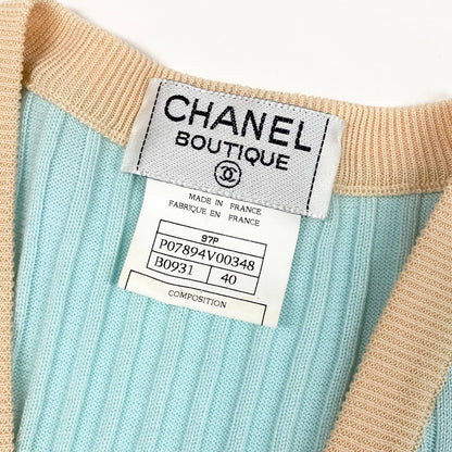 Chanel Ce1 Rib Knit Vest CC Logo Button Bicolor 40 Light Blue Light Beige Cotton — view 6