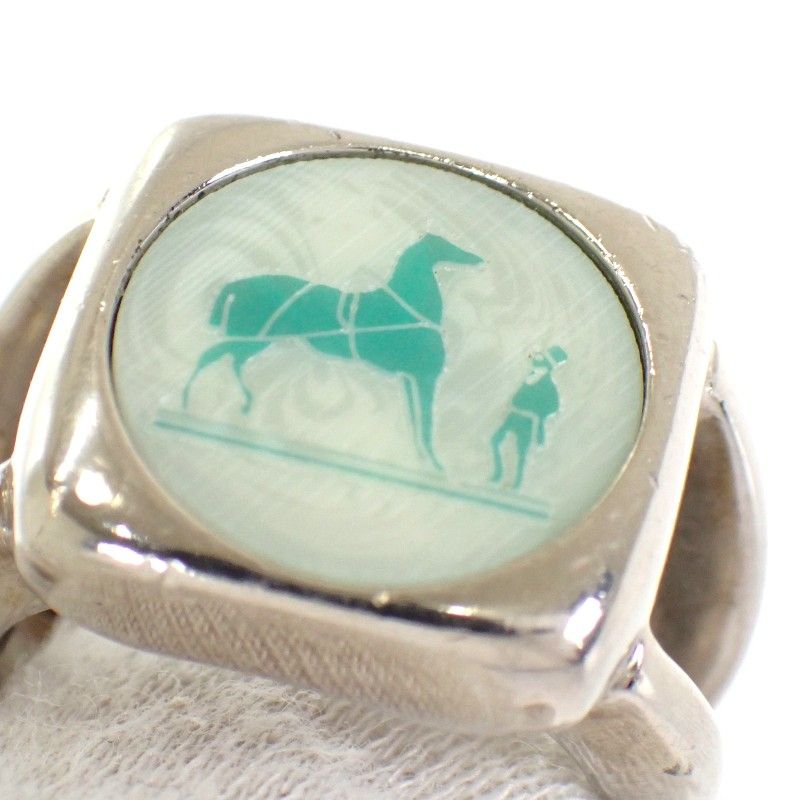 Hermes Corozo Horse Ring Metal Shell Silver Green 53 Ab