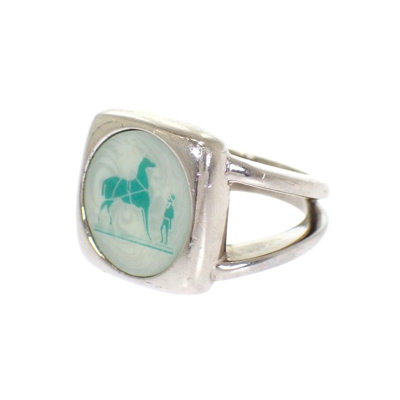 Hermes Corozo Horse Ring Metal Shell Silver Green 53 Ab — view 3