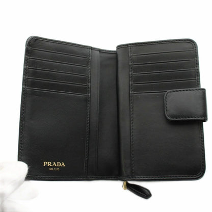 Prada Bifold Wallet Compact Leather Ribbon Motif Black YM — view 6