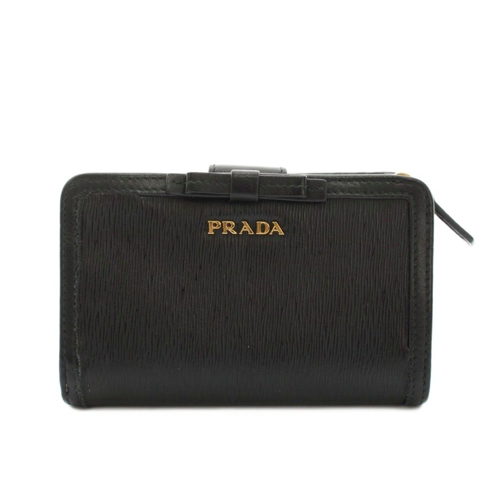 Prada Bifold Wallet Compact Leather Ribbon Motif Black YM